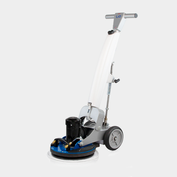 a blue and white floor polisher on a white background.