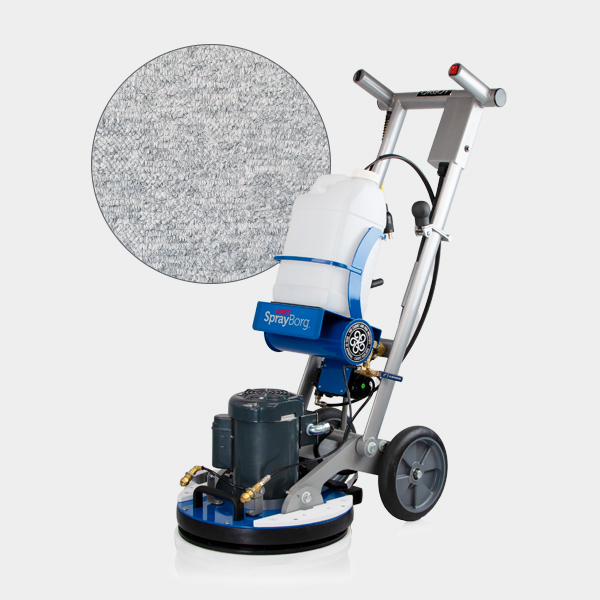 A blue and white 17" ORBOT Vibe Soft Floor Package machine with a white disc behind it.