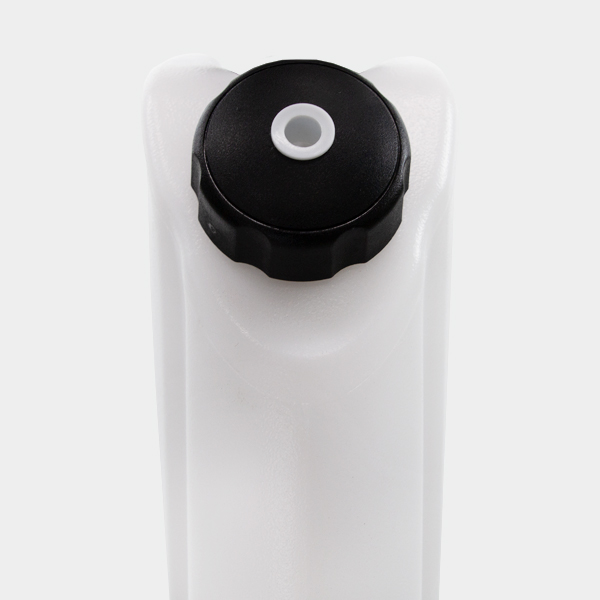 a black and white water bottle on a white background.
